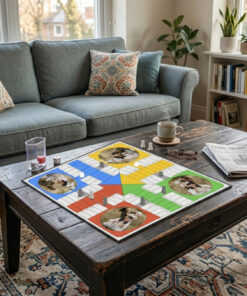 Tablero de parchís personalizado con fotos familiares en los colores y el centro.